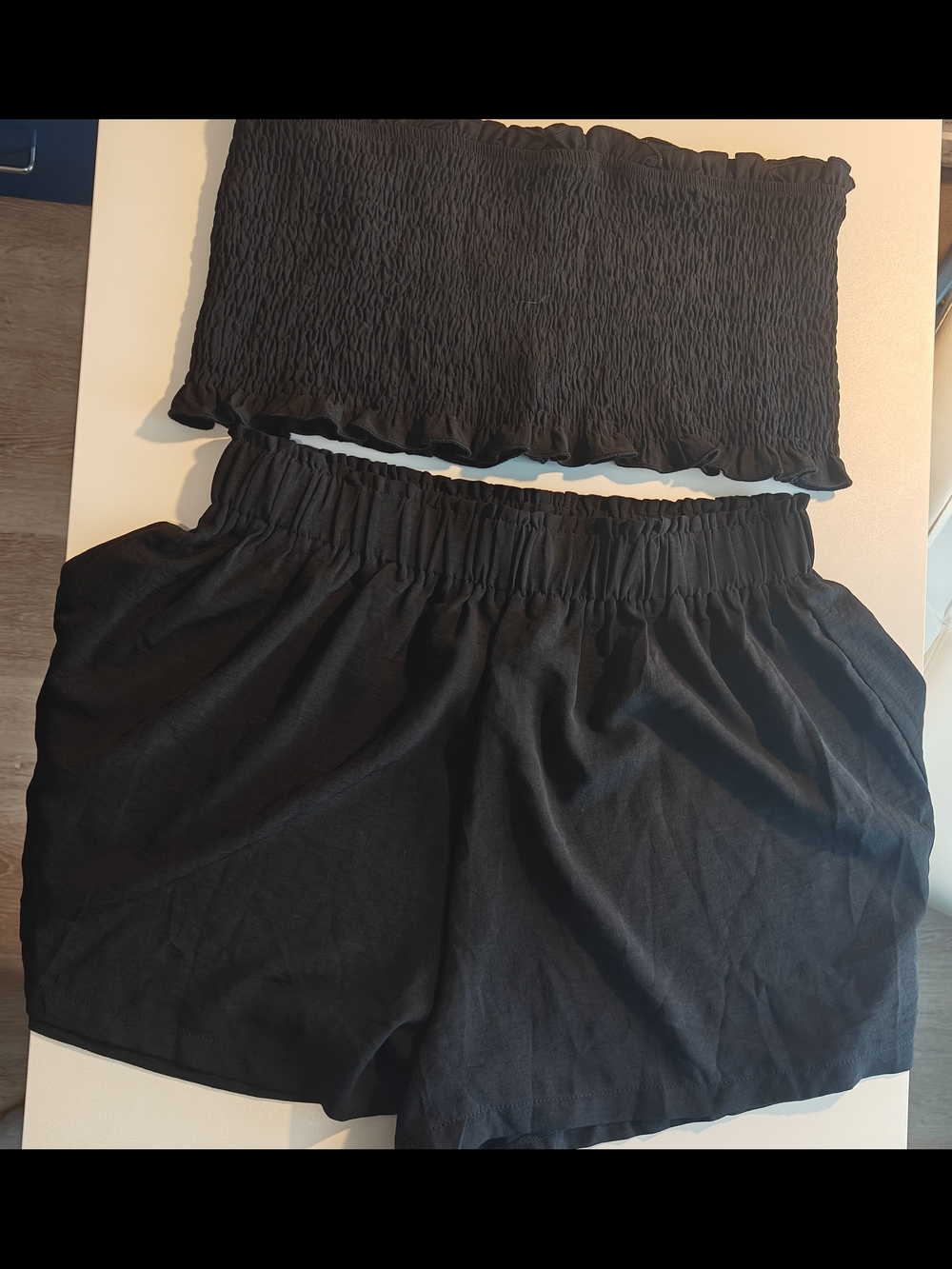 Women’s Black Elastic-Waist Bermuda Shorts with Smocked Top